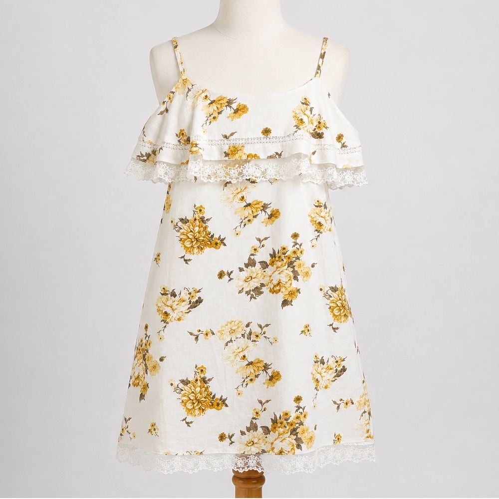 Universal Thread Floral Linen Blend Lace Trim Mini Dress XS Yellow White Boho